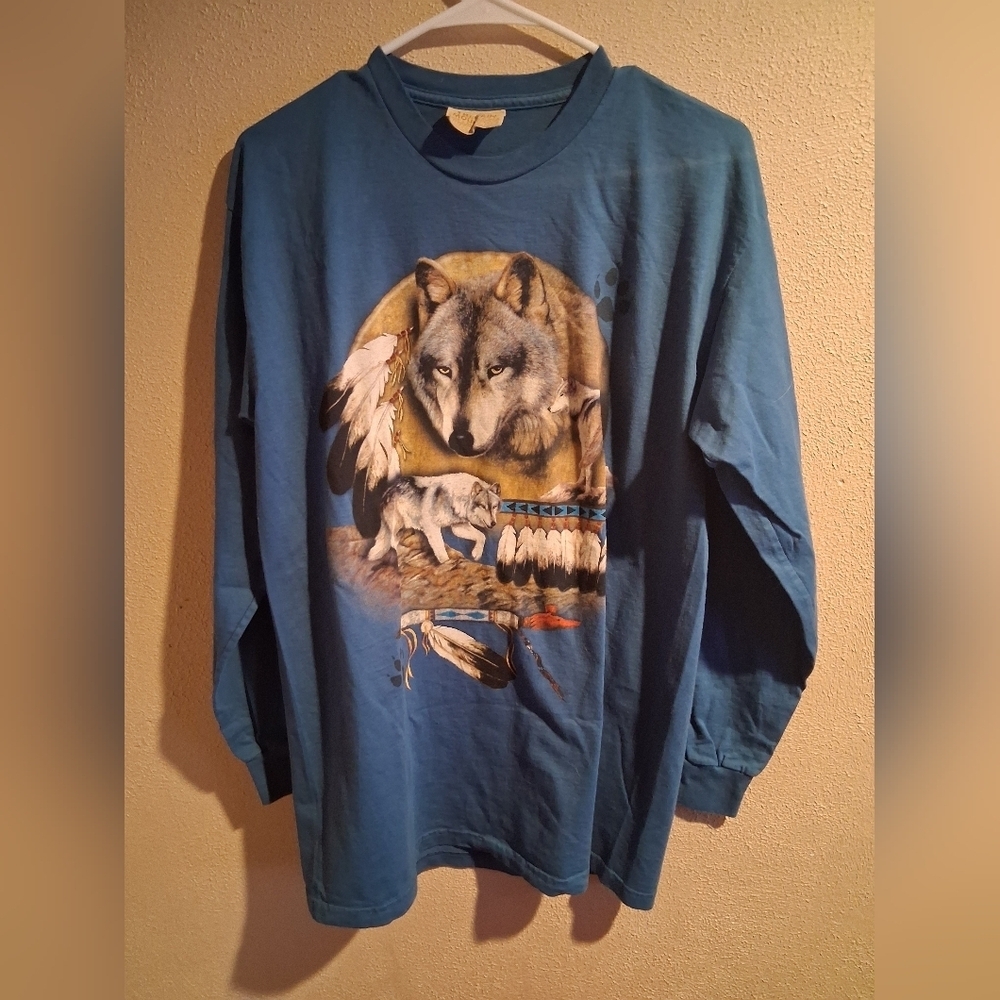 The Mountain Dyed & Printed In USA Wolf Long Sleeved Cotton Shirt Indie Sleeze L